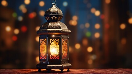 Canvas Print - A lantern sitting on a table with lights in the background. This image can be used to create a cozy and warm atmosphere