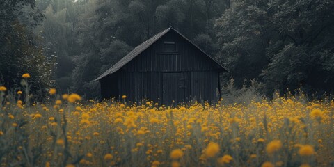 Canvas Print - A black barn standing in a field filled with vibrant yellow flowers. This image can be used to showcase the beauty of nature and the contrast between the dark barn and the bright flowers