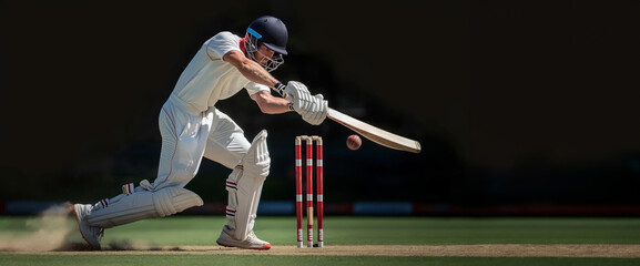 Cricket player in white uniform in motion, playing, hitting ball with bat on cricket field.