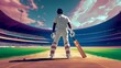 © master1305 - Creative colorful image of professional cricket layer, man in white uniform standing on empty cricket filed after game