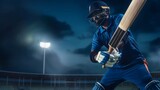 Fototapeta  - Concentrated competitive man, professional cricket player in motion during game on professional cricket stadium.