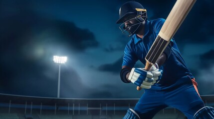 Wall Mural - Concentrated competitive man, professional cricket player in motion during game on professional cricket stadium.