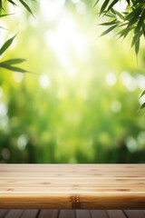 Wall Mural - A simple wooden table with a backdrop of beautiful bamboo leaves. Perfect for adding a touch of nature to any setting