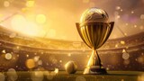 Fototapeta  - Golden cricket world cup trophy and ball on pitch with stadium background. Award ceremony graphics for international cricket competitions.