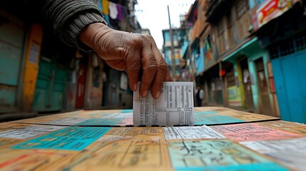 A hand puts a piece of paper into a cardboard ballot box. Concept: Close-up of the election process. political voters