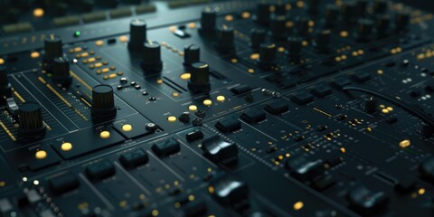 Canvas Print - Close up view of a sound board with various knobs. This image can be used to illustrate audio mixing, sound engineering, or music production