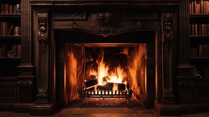 Poster - A cozy fire burns in a fireplace with bookshelves in the background. Perfect for adding warmth and ambiance to any space