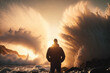 Man standing front of big strom wave background. Challenge and brave concept. Generative ai..