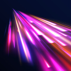 Wall Mural - 	
Abstract image of speed motion on the road. Vector glitter light fire flare trace. Dark blue abstract background with ultraviolet neon glow, blurry light lines, waves	