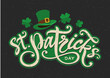 St. Patrick's day card, retro, vintage, banner, 
poster, flyer, background with Happy St. Patrick's day logo, text, hand lettering, leprechaun hat clipart, 
lucky clover, shamrock vector printable