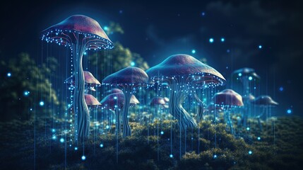 Wall Mural - abstract background with a growing digital mushroom. machine learning and big data array visual conc