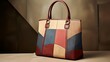 A retro-inspired patchwork tote bag for women, vintage craftsmanship, and a patchwork design, mockup, showcased against a matte clay surface
