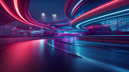 Wall Mural - Streamlined neon glowing light design building exterior and racing track design street