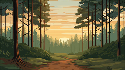Wall Mural - Forest landscape with tall trees and sunlight filtering through  capturing the tranquility of the woods. simple Vector Illustration art simple minimalist illustration creative