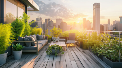 Modern Rooftop Terrace with Wooden Deck, Trimmed Bushes, Ornamental Grasses, Clear View of Urban Skyline, Safety Wall, Peaceful Relaxation Area for Outdoor Gatherings