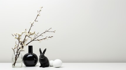 modern Easter, minimalist composition - vase with spring flowers, black rabbit and eggs on white background, copy space