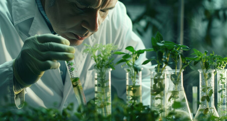 Poster - scientist in lab with tissue tubes holding plants