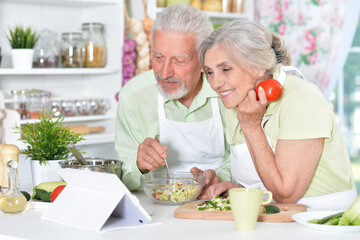 Portrait of a senior couple cooking in kitchen