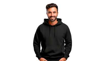 Man in black hoodie mockup cut out. Happy man in sweatshirt on transparent background