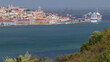 Aerial view of Lisbon over Tagus river from viewpoint of Cristo Rei in Almada with yachts tourist boats timelapse. Lisbon, Portugal