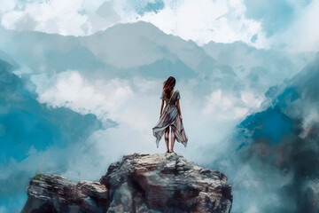 Wall Mural - woman stands on a cliff, overlooking misty mountains, enveloped in clouds, creating a serene and mystical atmosphere, ai generative