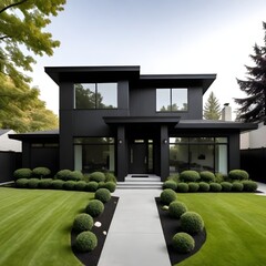 Wall Mural -  black modern house with black trim, a dark front door, and a well-manicured lawn with small shrubs