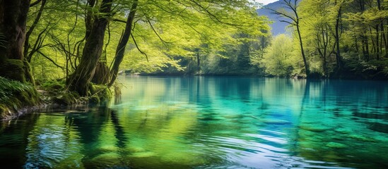 Wall Mural - Beautiful morning in Plitvice National Park. Colorful spring landscape of green forest with pure water lake