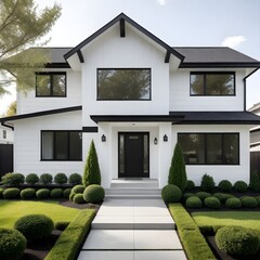 Wall Mural - A modern house with black trim, a dark front door, and a well-manicured lawn with small shrubs