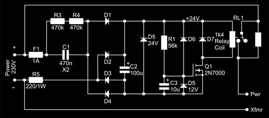 Wall Mural - Technical schematic diagram of electronic device.
Vector drawing electrical circuit with resistor,
diode, relay coil, fuse, zener, capacitor,
other electronic components.