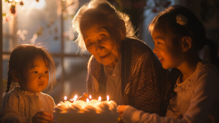 Wall Mural - Celebratory moment. Grandmother and granddaughters celebrating birthday