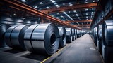 Packed rolls of steel sheets, cold rolled steel coils in factory warehouse