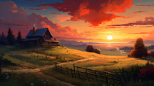 Illustration Of A Medieval Farm Evening With Sun Set,,
Afternoon Sunset Sky Clouds Landscape, Red Sunset In A Summer Sky, Anime Style Background
