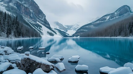 Poster - Serene mountain lake in winter, snow-capped peaks and forest. tranquil nature scene for relaxation and wallpapers. beautiful landscape photography. AI