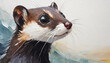 Oil painting of a weasel head on pure white background canvas, copyspace on a side