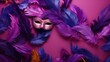 carnival masks on purple background and colored feathers