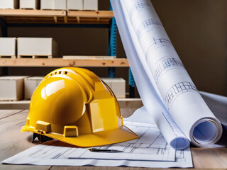 A yellow construction helmet sits beside a project or construction plan on the table, embodying the concept of construction planning.