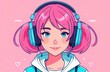Flat illustration beautiful anime girl with pink hair listening to lofi music in headphones and look forward to camera.	