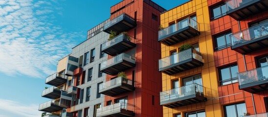 Wall Mural - vibrant red and yellow modern building in urban cityscape with blue sky background