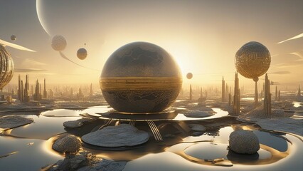 Wall Mural - ufo over the planet _A bright and futuristic planet with metallic and geometric structures, floating islands,  