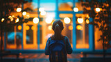 Fototapeta Sport - Small girl goes to preparatory school looking at illuminated windows in evening. Nervous preschooler walks to preparatory form for first time in back lit, copy space.