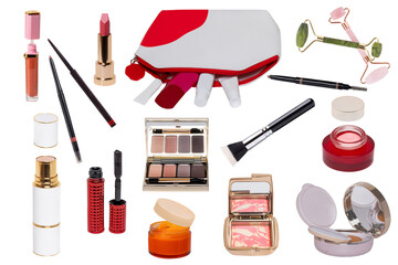 Collage of make up cosmetics and tools. Set of make up brush, lipsticks, skin care products, eye shadows powder, creames for face and other beauty accessories isolated on a white background.