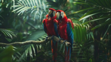 Intimate Parrots in Lush Greenery - Two vibrant parrots share a tender moment, surrounded by the dense foliage of their tropical haven.