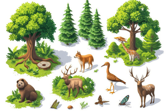 Wildlife: Isometric illustrations might include wildlife like animals, birds, or insects. These elements