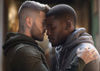 Two young mixed-race gay guys hugging, gay couple.