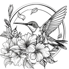 Canvas Print - Black and white Hummingbird and flowers tattoo design