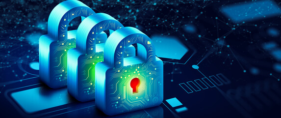 Wall Mural - padlock with keyhole in data security on converging point of circuit. cyber data and information pri