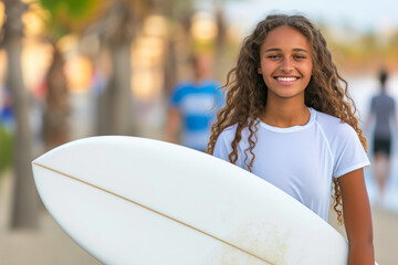 Wall Mural - Sunset Surf: Happy Woman by the Seashore