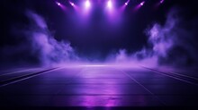 The Dark Stage Shows, Purple Background, An Empty Dark Scene, Neon Light, Spotlights The Asphalt Floor And Studio Room