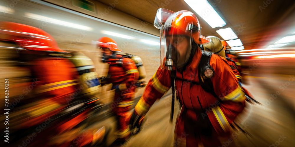 Firefighter Ran Fire Emergency: Firefighters run Blurred motion. Fire team run with ...