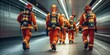 Fire Emergency: Firefighters run Blurred motion. Fire team run with their equipment to protect damage explosion fire and smoke. Teamwork hero run and walk with occupation.